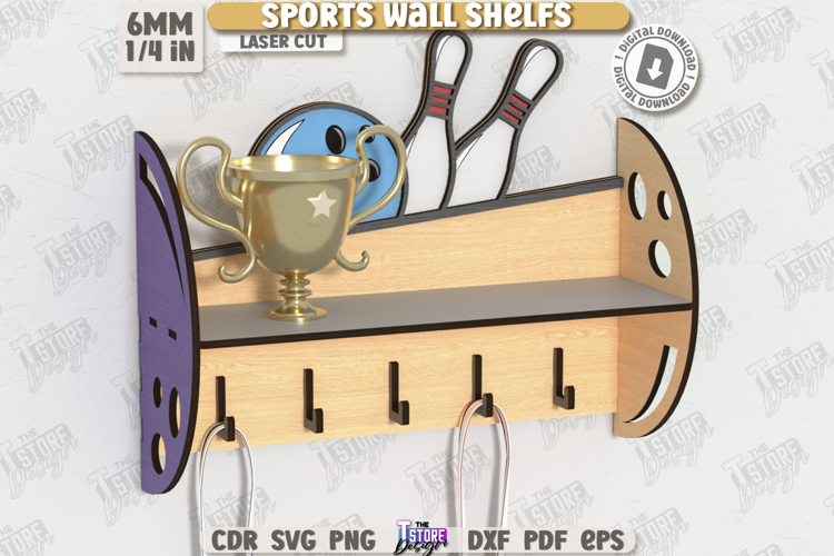 Sports Wall Shelf Laser Cut|Shelf with Hooks|Award Shelf SVG