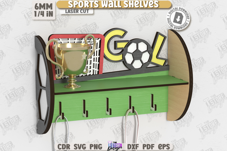 Sports Wall Shelf Laser Cut|Shelf with Hooks|Award Shelf SVG