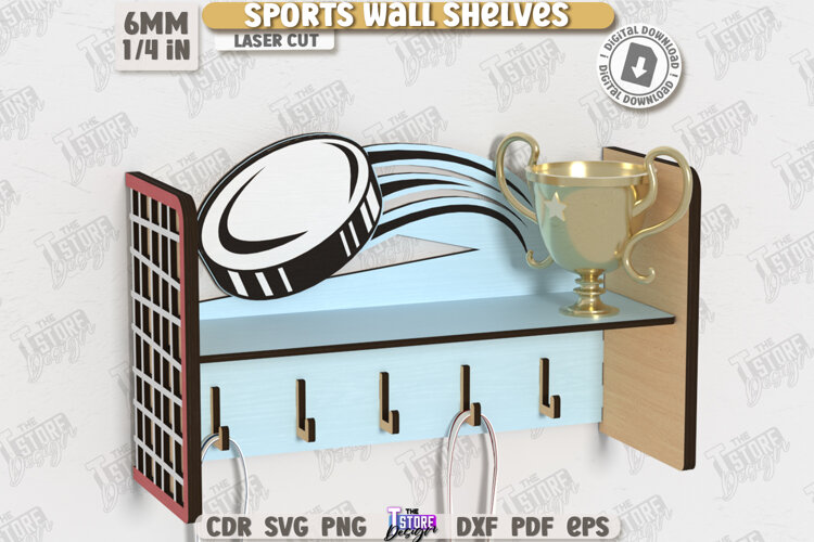 Sports Wall Shelf Laser Cut|Shelf with Hooks|Award Shelf SVG example image 1