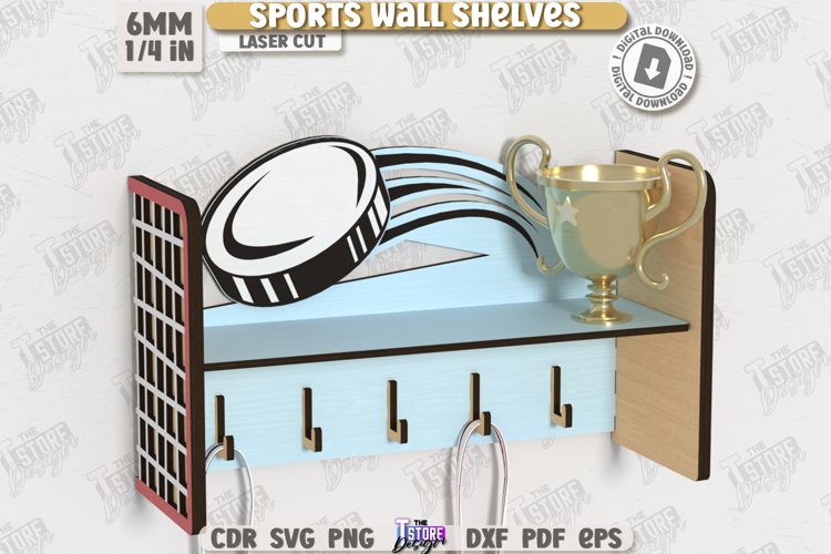 Sports Wall Shelf Laser Cut|Shelf with Hooks|Award Shelf SVG