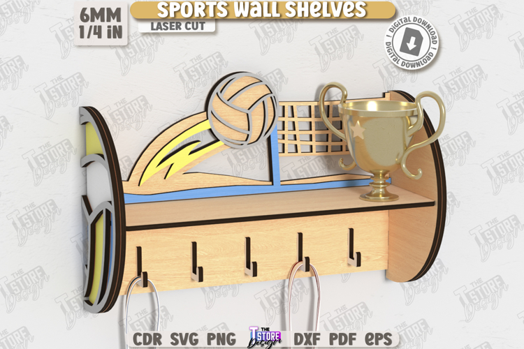 Sports Wall Shelf Laser Cut|Shelf with Hooks|Award Shelf SVG