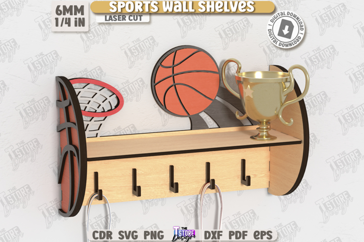 Sports Wall Shelf Laser Cut|Shelf with Hooks|Award Shelf SVG