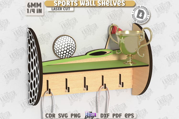 Sports Wall Shelf Laser Cut|Shelf with Hooks|Award Shelf SVG