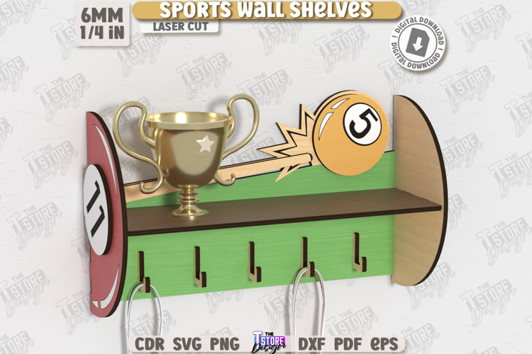 Sports Wall Shelf Laser Cut|Shelf with Hooks|Award Shelf SVG