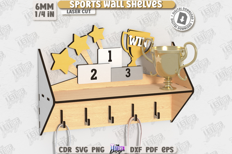 Sports Wall Shelf Laser Cut|Shelf with Hooks|Award Shelf SVG