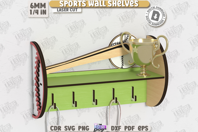 Sports Wall Shelf Laser Cut|Shelf with Hooks|Award Shelf SVG