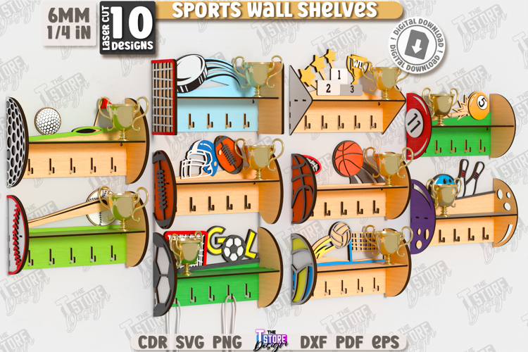 3D Sports Wall Shelves Laser Cut Bundle, Kids Room Decor SVG