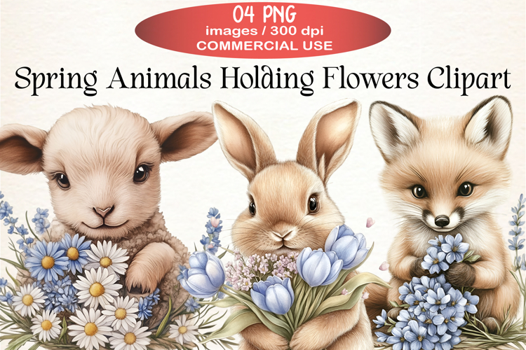 Spring Animals Holding Flowers Clipart