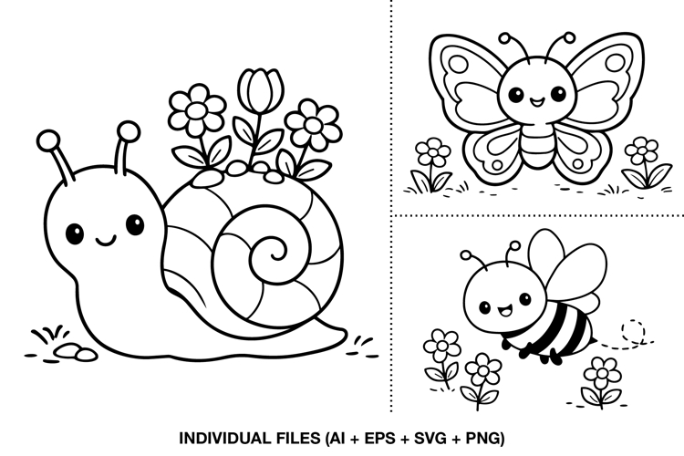 Spring Animals SVG, Cute Snail, Bee, Butterfly Line Art
