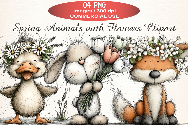 Spring Animals with Flowers Clipart