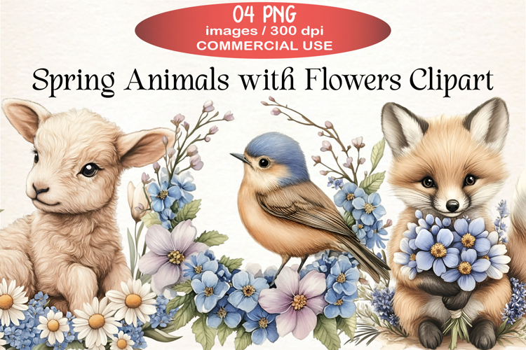 Spring Animals with Flowers Clipart