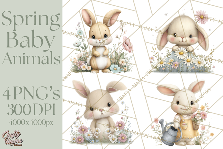 Spring Garden Animals Clipart, Cute Pastel Bunny Chick Lamb