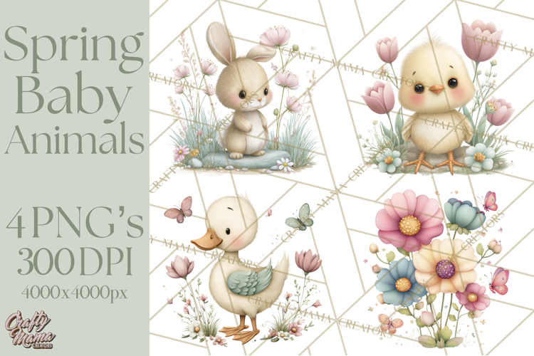 Spring Garden Animals Clipart, Cute Pastel Bunny Chick Lamb