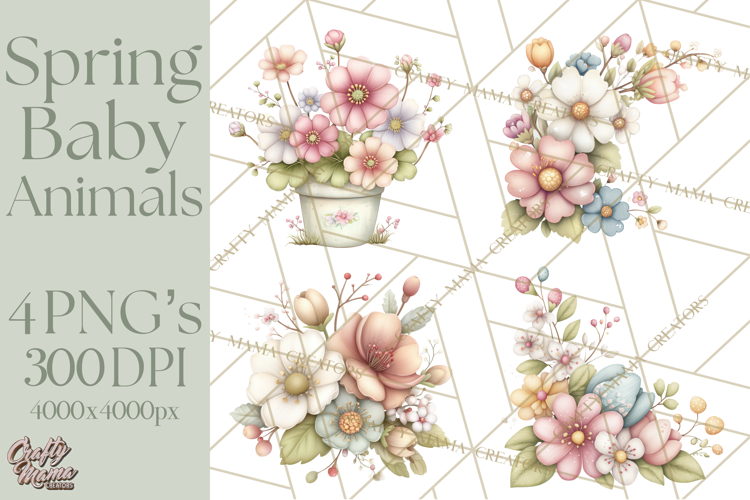 Spring Garden Animals Clipart, Cute Pastel Bunny Chick Lamb