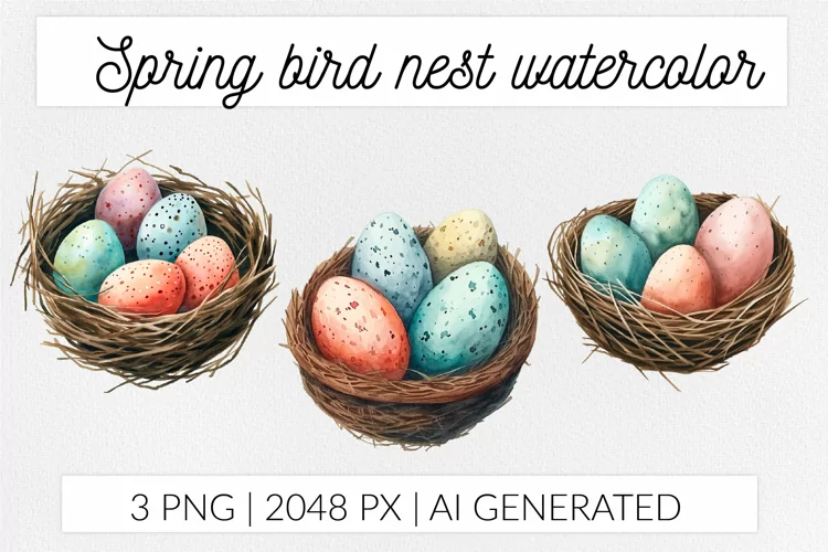 Spring bird nest with eggs watercolor isolated PNG clip art