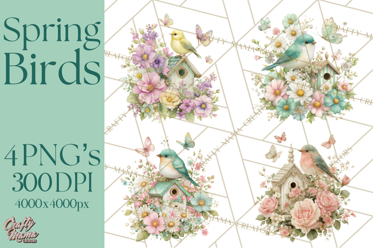 Easter Birds Clipart, Watercolor Birdhouse Illustrations Png