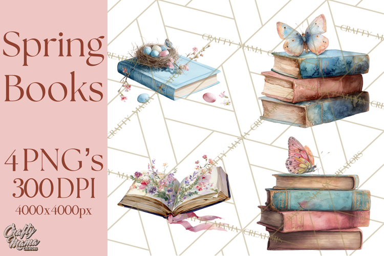Spring Book Clipart, Vintage Books Watercolor, Floral Png