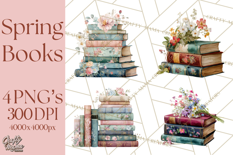 Spring Book Clipart, Vintage Books Watercolor, Floral Png