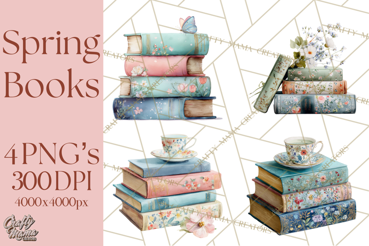 Spring Book Clipart, Vintage Books Watercolor, Floral Png