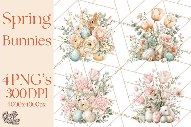 Soft Watercolor Easter Bunny Clipart, Pastel Spring Flowers