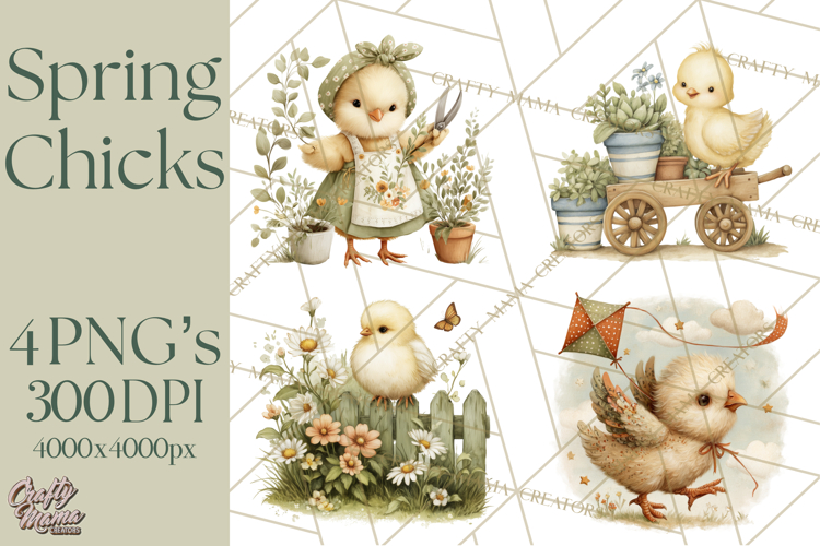Vintage Spring Chicks Clipart, Cute Baby Chick Gardening