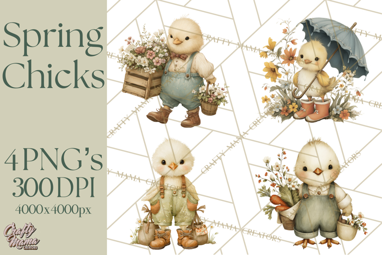 Vintage Spring Chicks Clipart, Cute Baby Chick Gardening