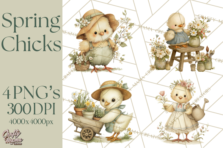 Vintage Spring Chicks Clipart, Cute Baby Chick Gardening