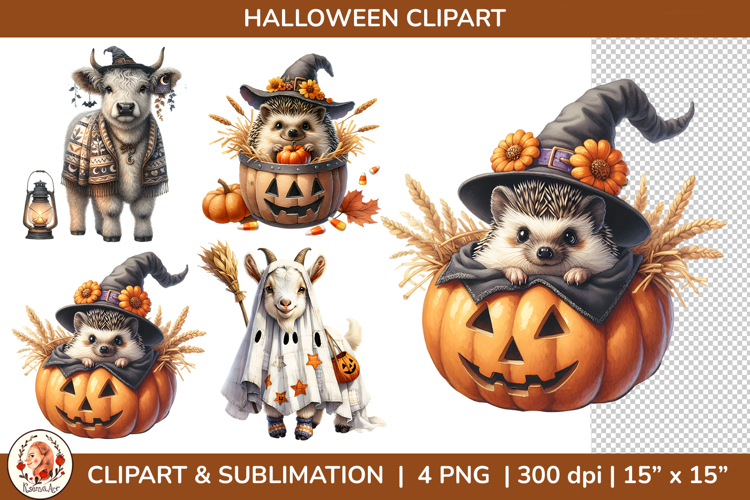 Cute Halloween Autumn Farm Animals Clipart, Cottagecore