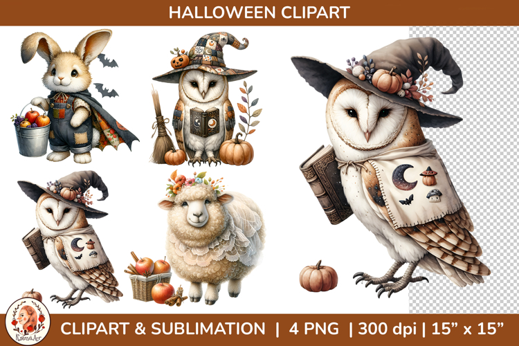 Cute Halloween Autumn Farm Animals Clipart, Cottagecore