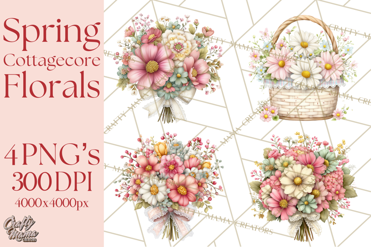 Spring Cottagecore Florals Clipart, Wildflower Bouquets