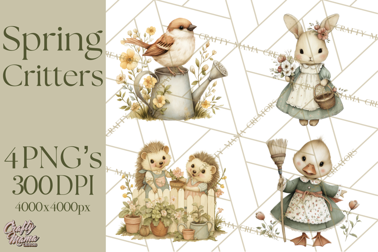 Vintage Garden Animals Clipart, Ducklings Bunnies Lambs