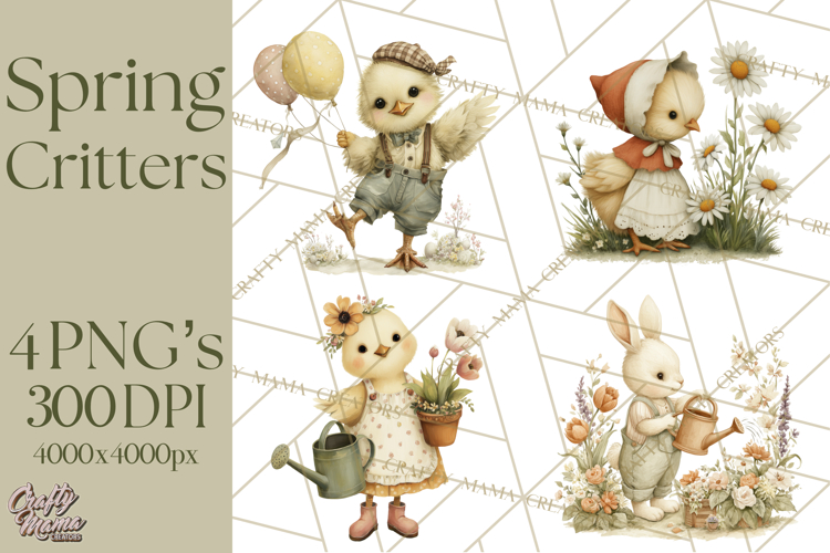 Vintage Garden Animals Clipart, Ducklings Bunnies Lambs