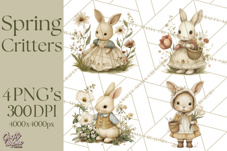 Vintage Garden Animals Clipart, Ducklings Bunnies Lambs