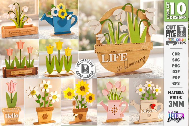 3d layered Flower - Wooden Spring Flowers Decor Laser Bundle