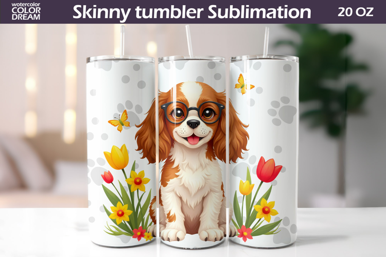 Dog Flowers Tumbler Wrap | Cavalier King Tumbler Sublimation