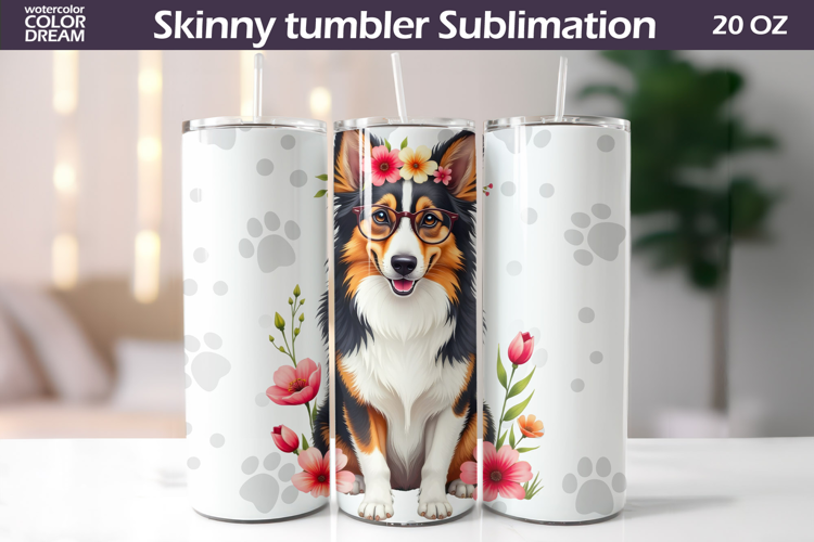 Dog Flowers Tumbler Wrap | Collie Tumbler Sublimation