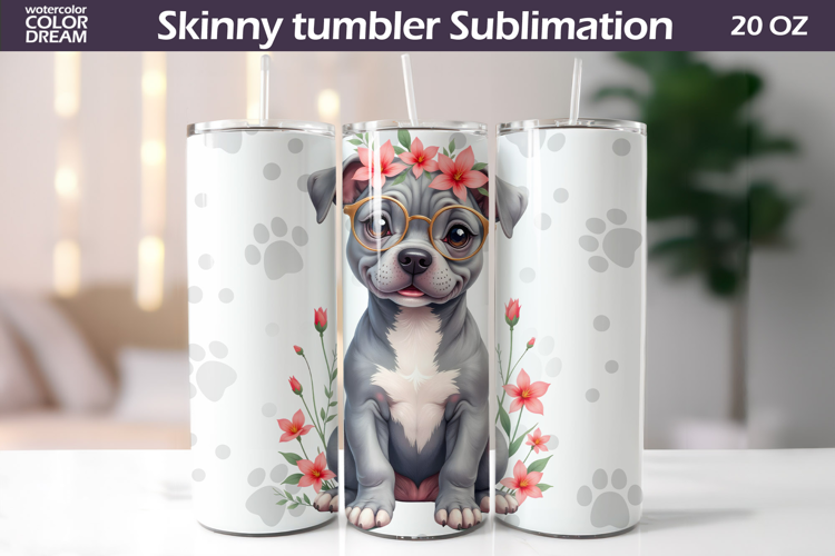 Dog Flowers Tumbler Wrap | Pit Bull Tumbler Sublimation