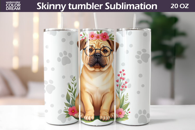 Dog Flowers Tumbler Wrap | Shar Pei Tumbler Sublimation