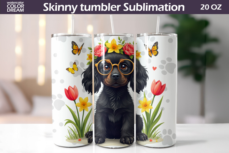 Dog Flowers Tumbler Wrap | Spaniel Tumbler Sublimation