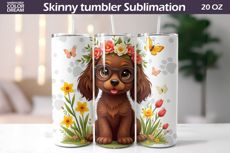 Dog Flowers Tumbler Wrap | Spaniel Tumbler Sublimation