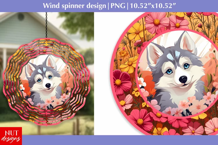 Husky Flowers Dog face Spring Wind spinner Sublimation