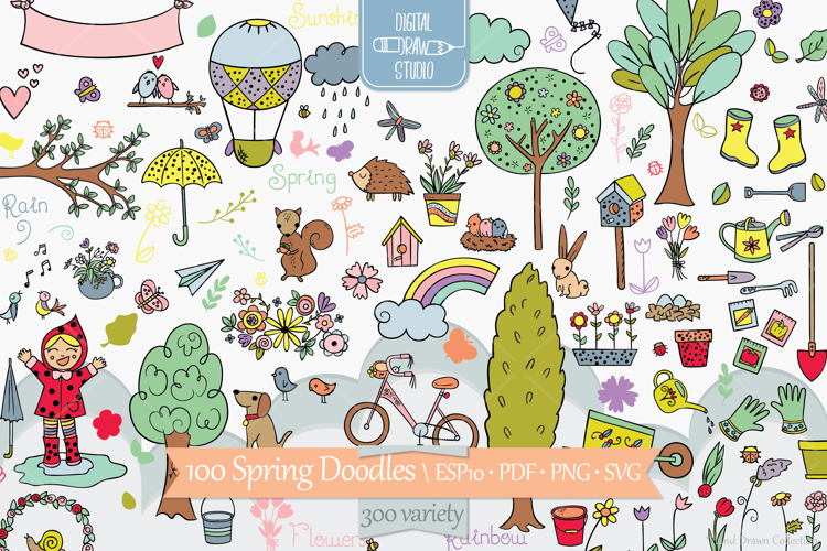 Spring Season Color Doodles | Garden, Bicycle, Bird, Flower