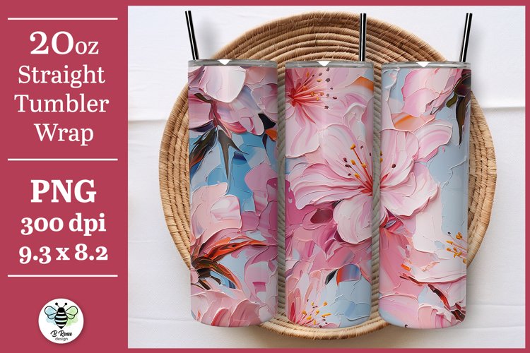 Pretty pink azalea flower sublimation design being shown on a 20oz skinny tumbler