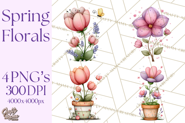 Spring Floral Clipart, Whimsical Flowers PNG, Pastel Tulips