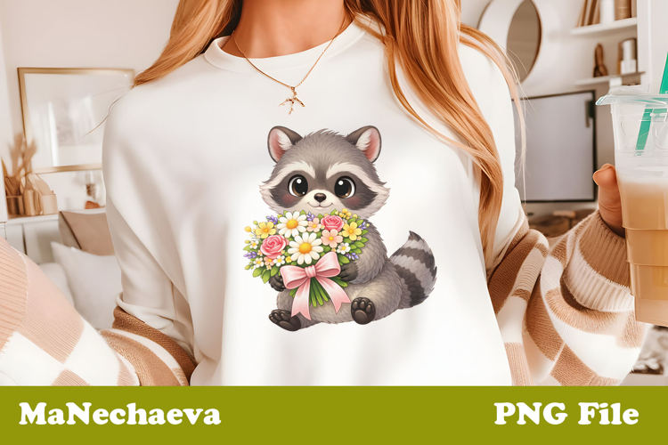 Spring Floral Animal Sublimation | Cute Baby Raccoon Clipart