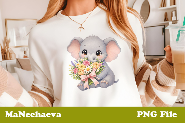 Spring Floral Animal Sublimation Cute Baby Elephant Clipart