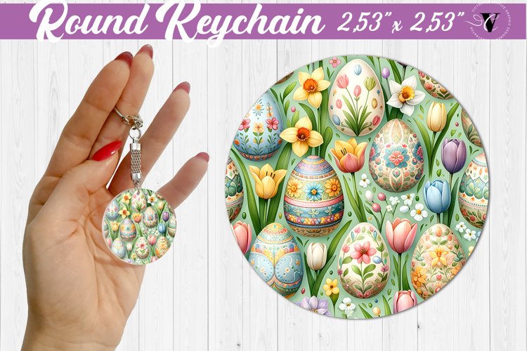Round keychain sublimation | Spring flowers | Tulip and eggs example image 1