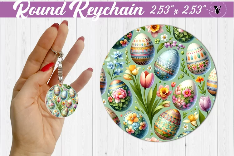Round keychain sublimation | Spring flowers | Tulip and eggs