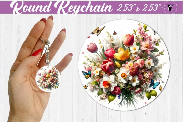 Round keychain sublimation | Spring flowers