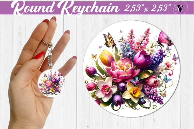 Round keychain sublimation | Spring flowers example image 1